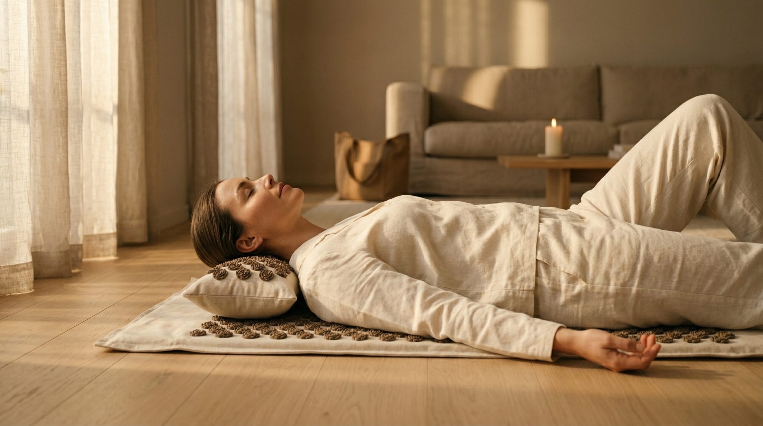 Woman deeply relaxed on Calibrate Kit acupressure mat — the after state