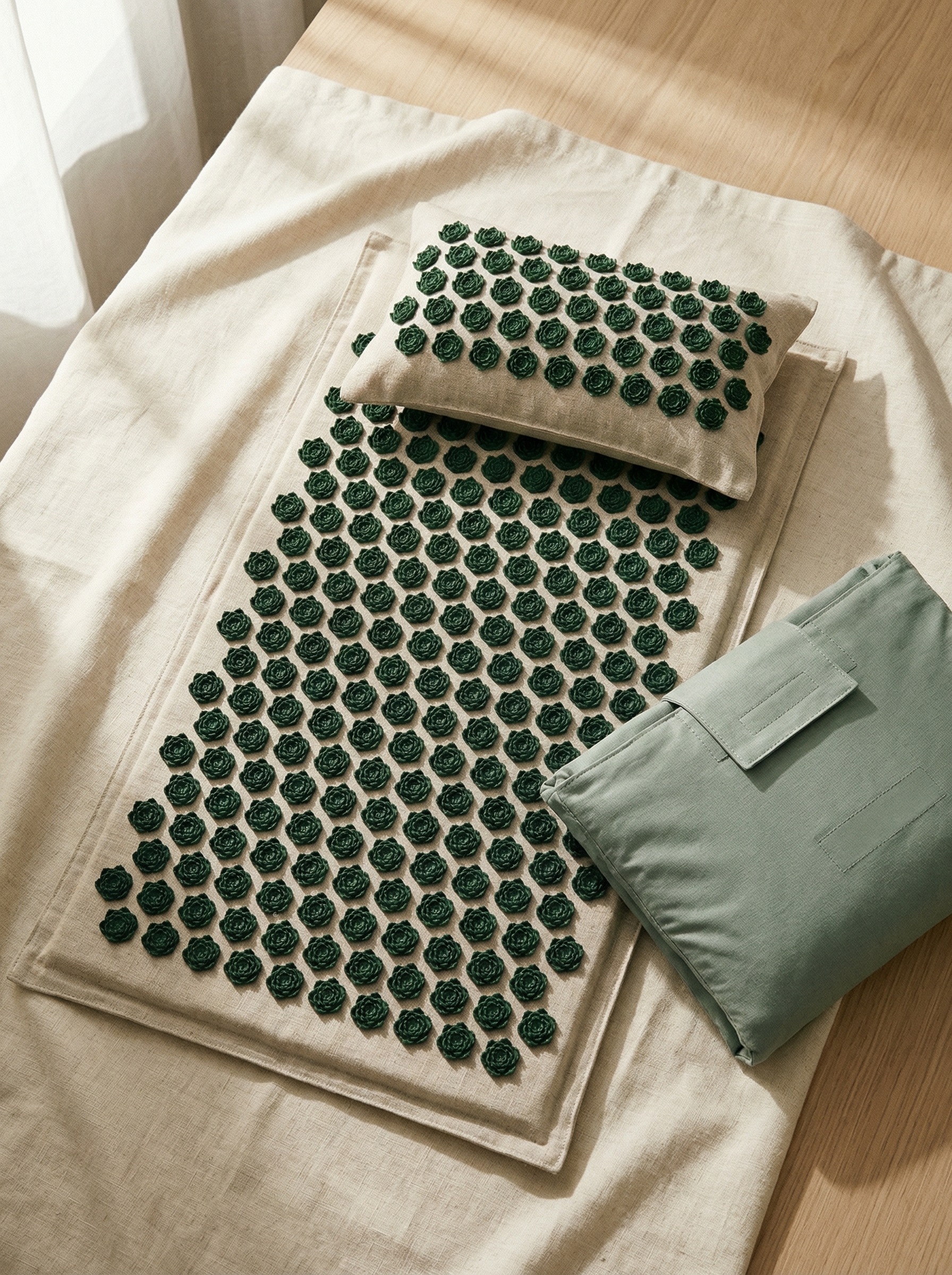 Calibrate Kit acupressure mat set — natural linen mat, cervical neck pillow and carry bag