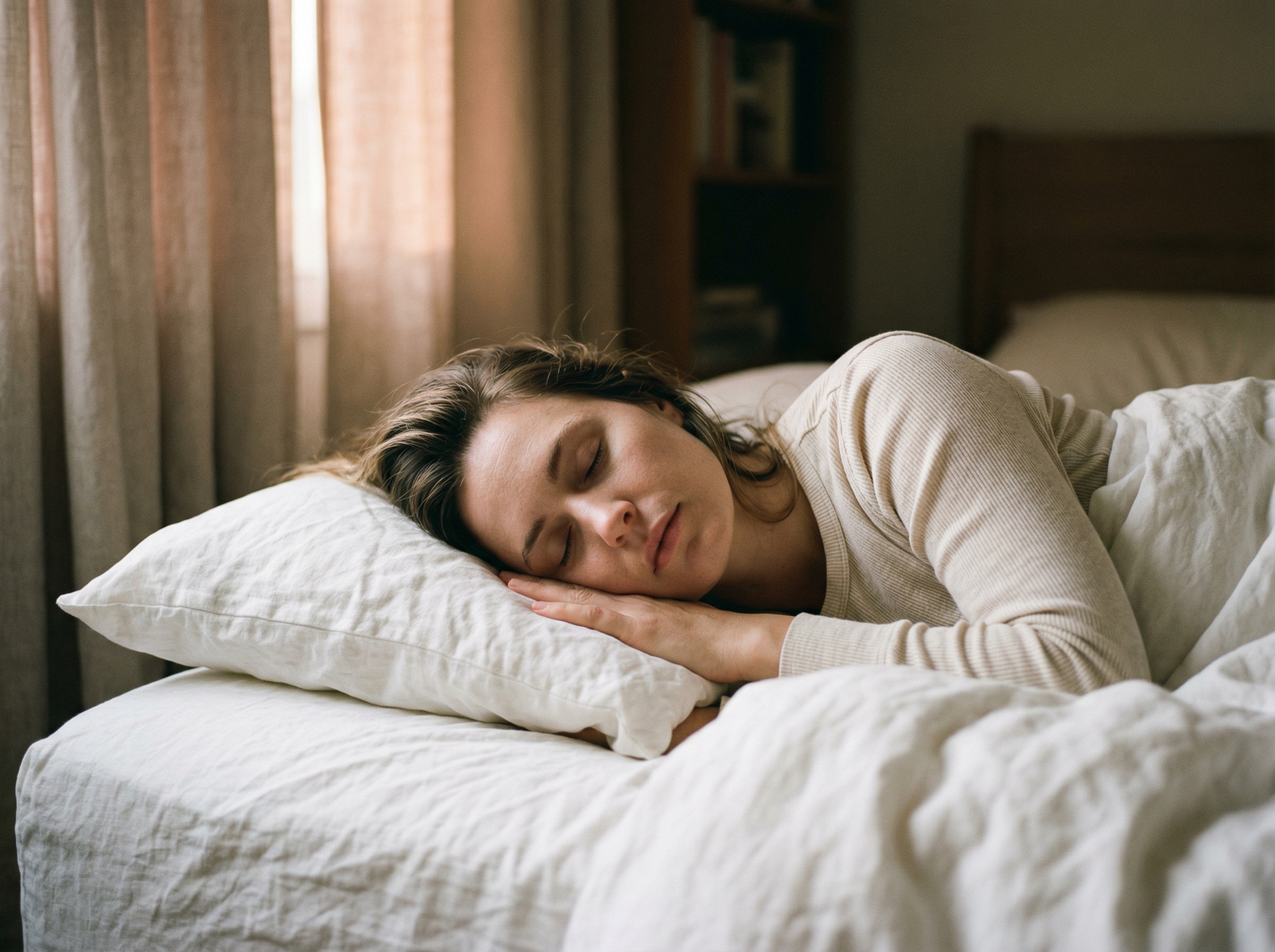 Woman sleeping peacefully — deep restorative sleep result
