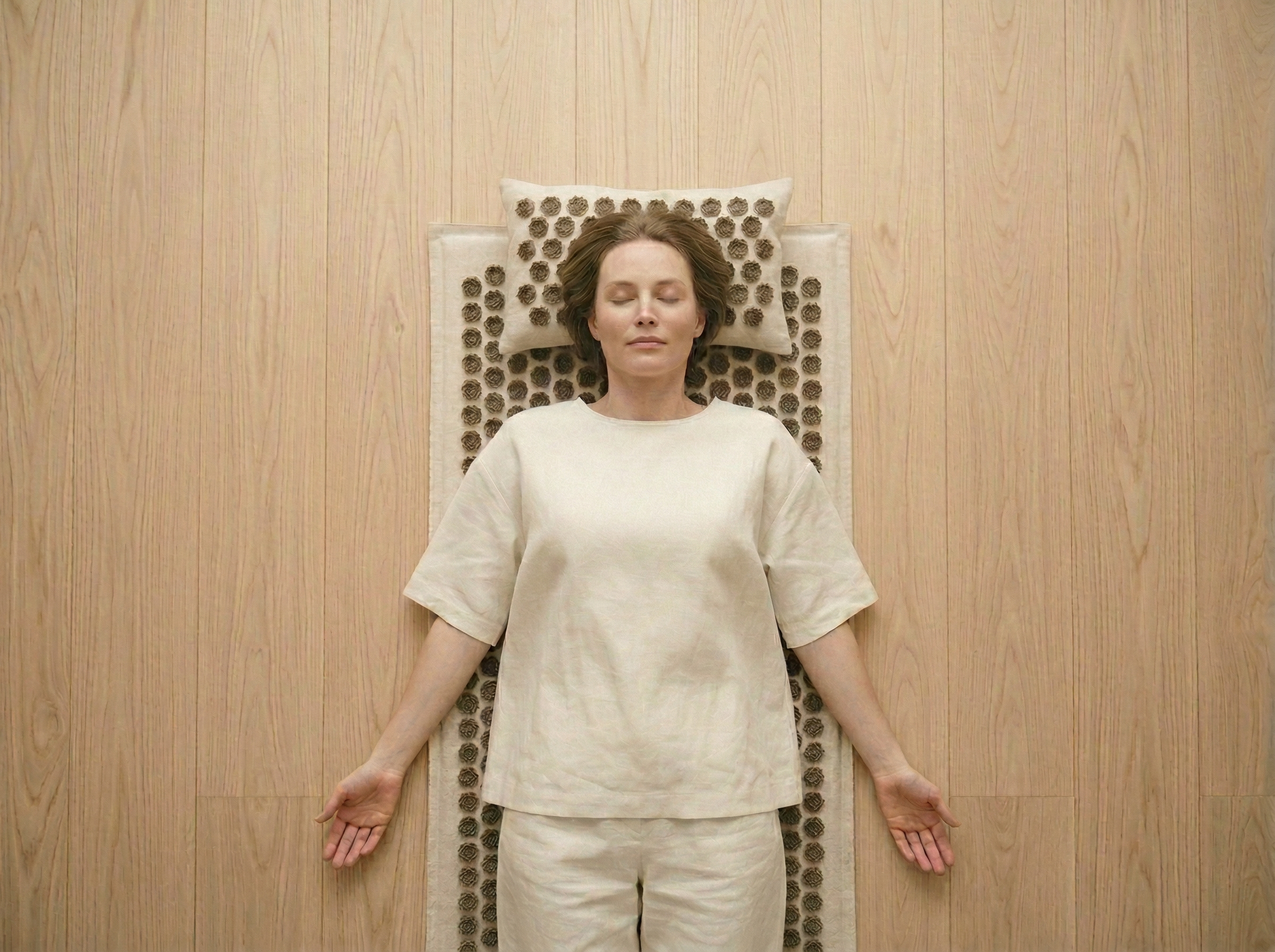 Woman lying on acupressure mat — overhead view of daily practice